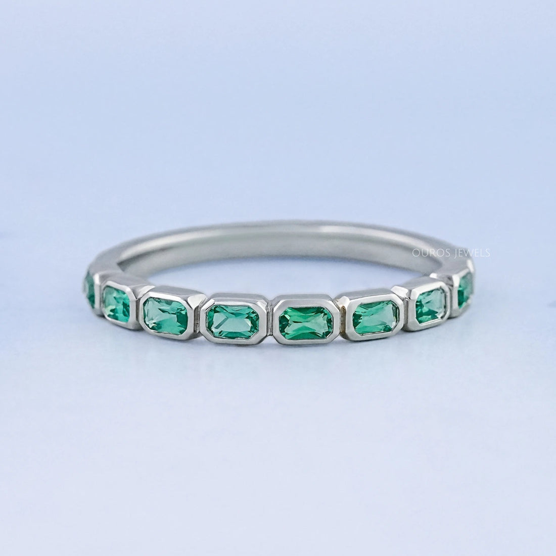 East West Green Radiant Gemstone Half Eternity Band Rings