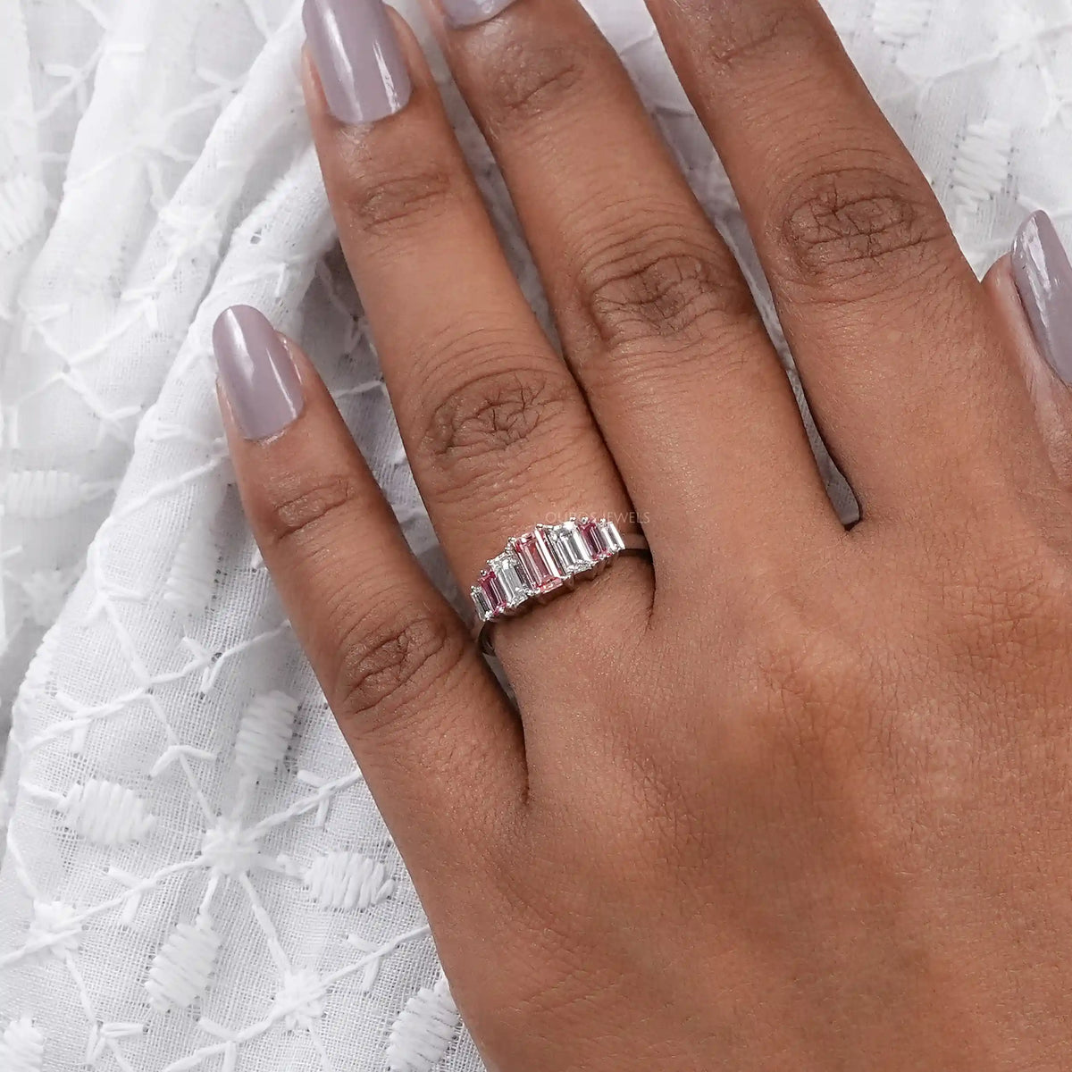 7 Stone Pink Baguette Cut Lab Diamond Anniversary Ring Rings