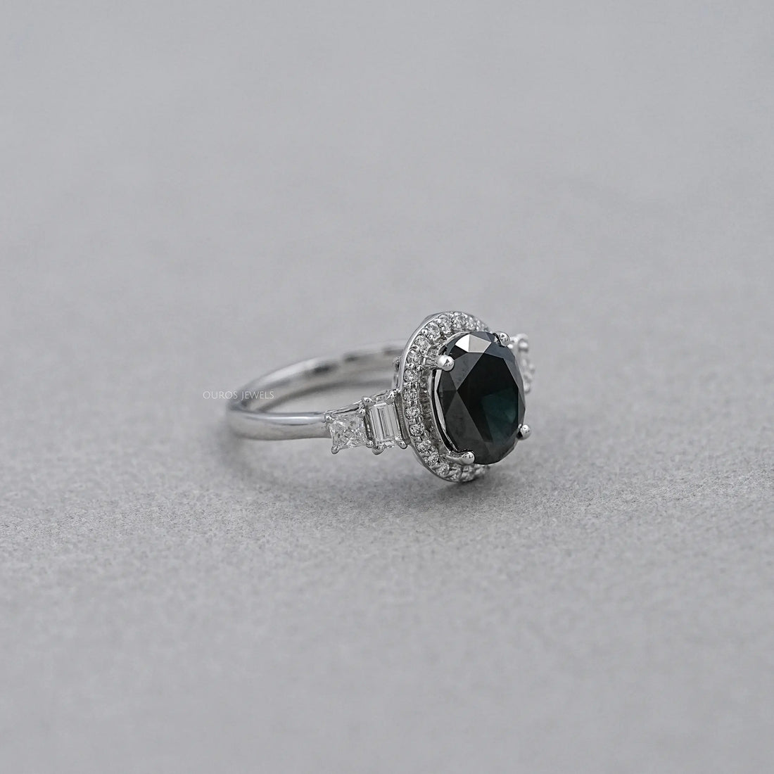 Black Oval Cut Halo With Accent Diamond Ring Rings