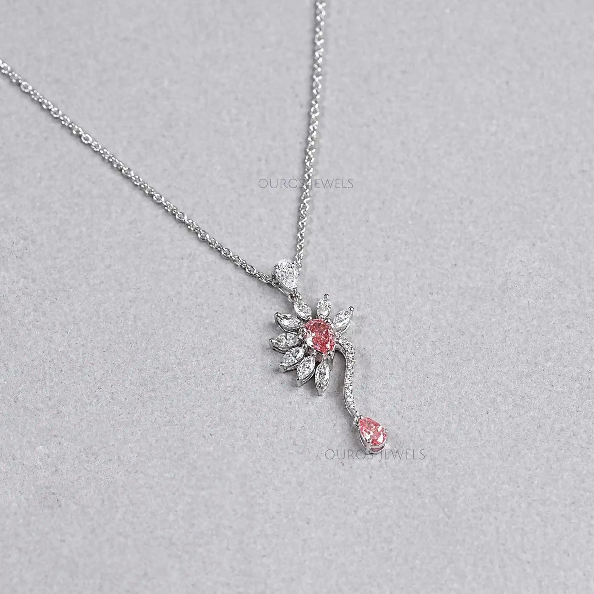 Pink Pear Flower Shape Diamond Pendant Necklaces