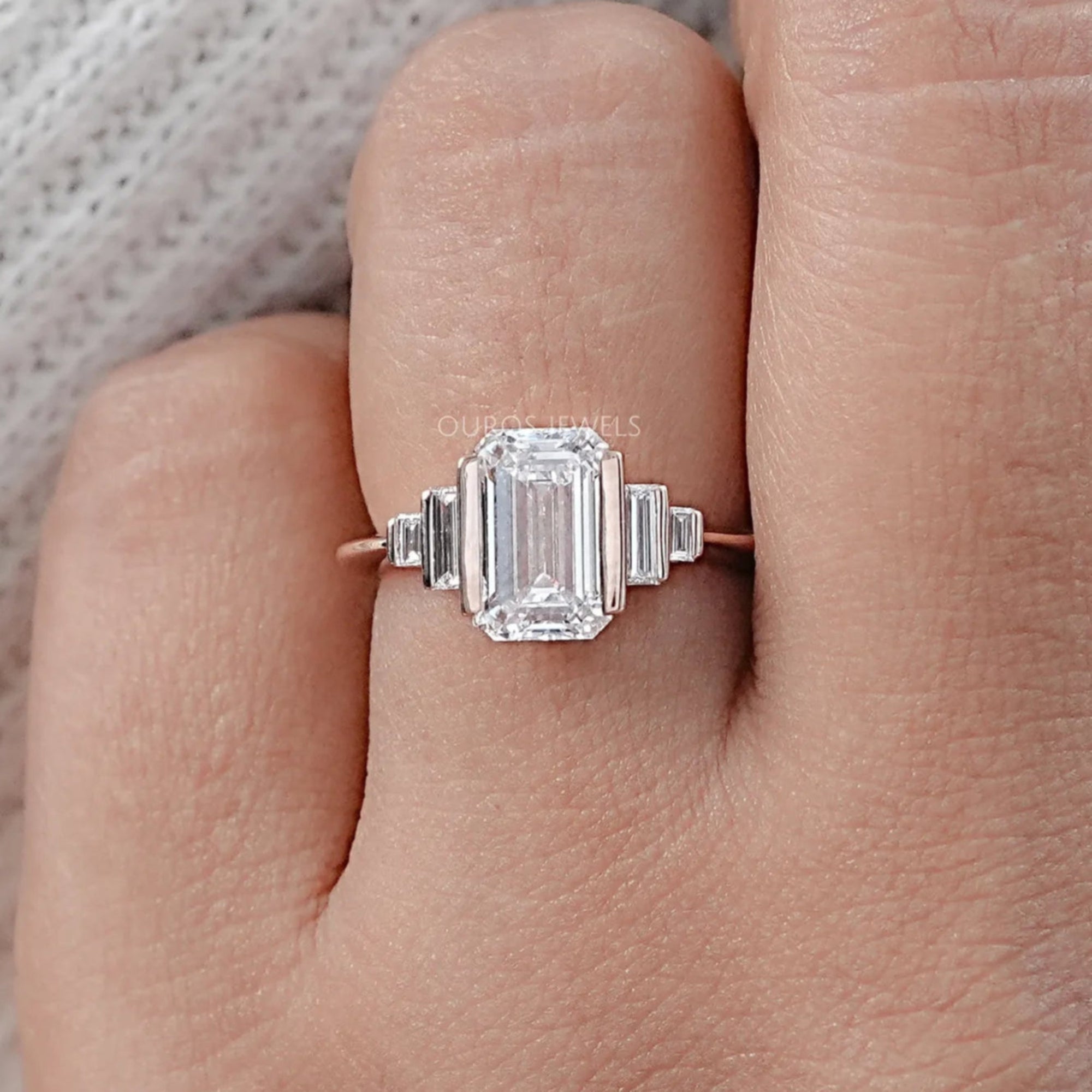Emerald Half Bezel Set Baguette Diamond Engagement Ring Rings