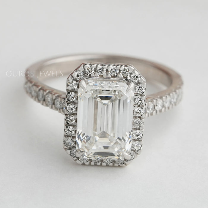Emerald Cut Halo Solitaire Diamond Engagement Ring