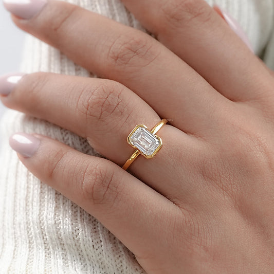 Emerald Diamond Bezel Set Solitaire Engagement Ring Rings