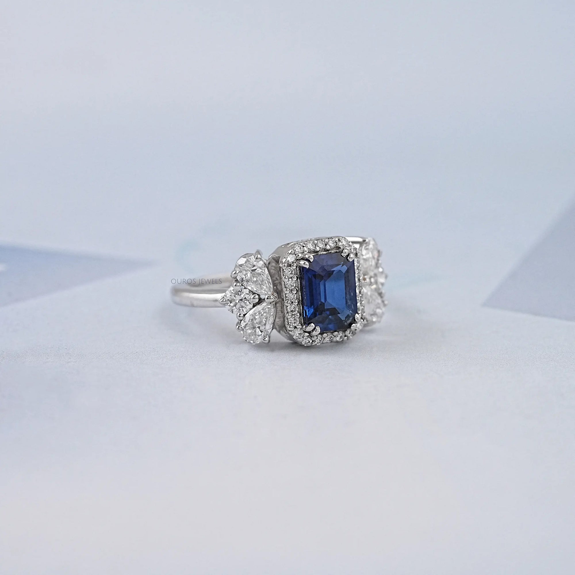 Sapphire Emerald Gemstone Halo Engagement Ring
