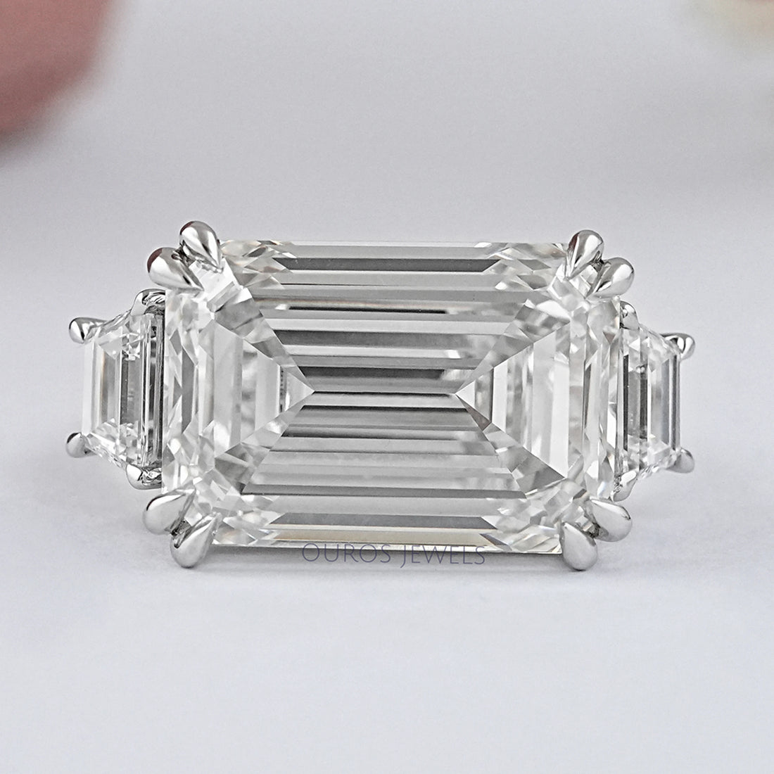 Emerald Three Stone Step Cut Trapezoid Engagement Ring Ring