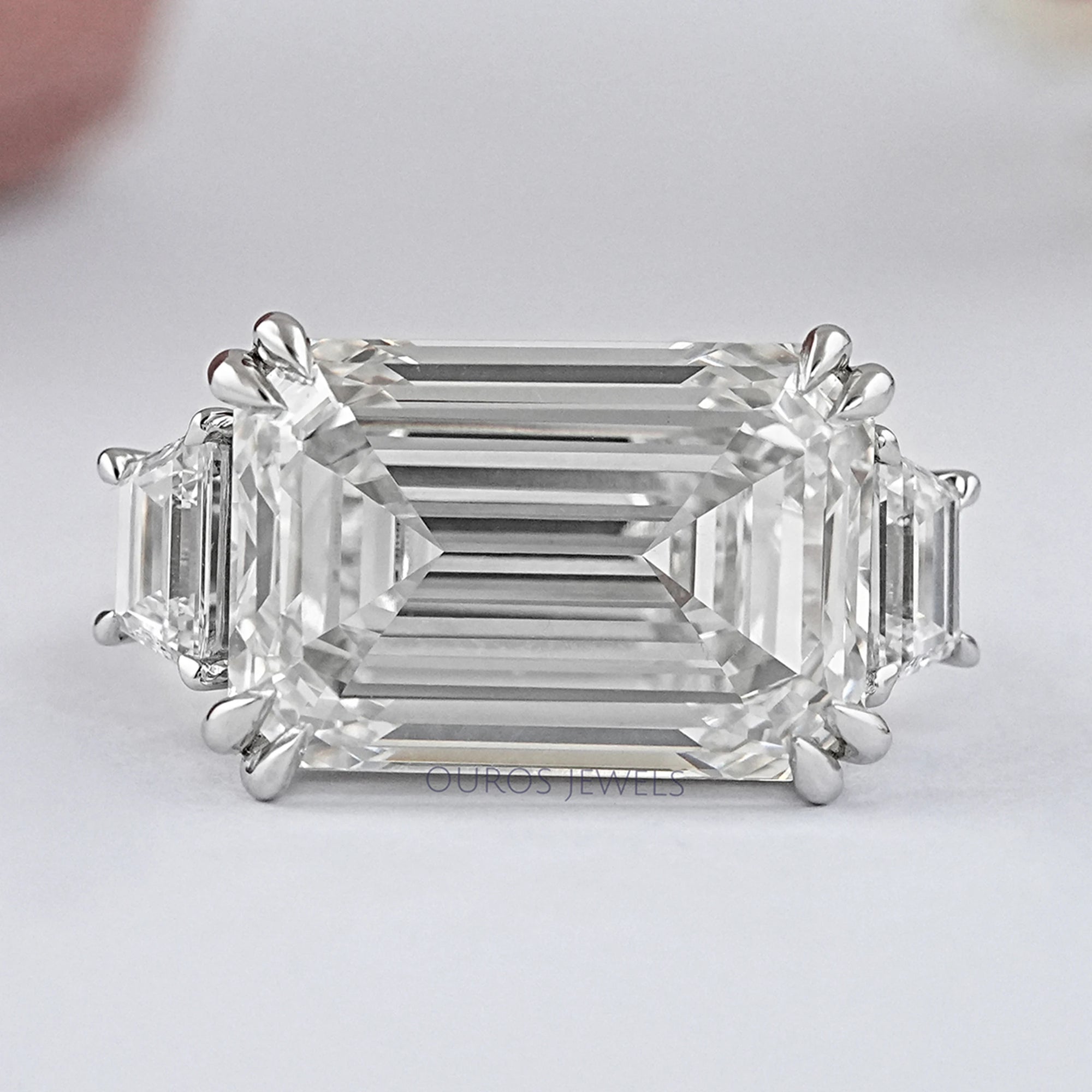 Emerald Three Stone Step Cut Trapezoid Engagement Ring Ring