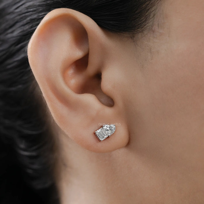 Heart And Emerald Diamond Minimal Two Stone Studs