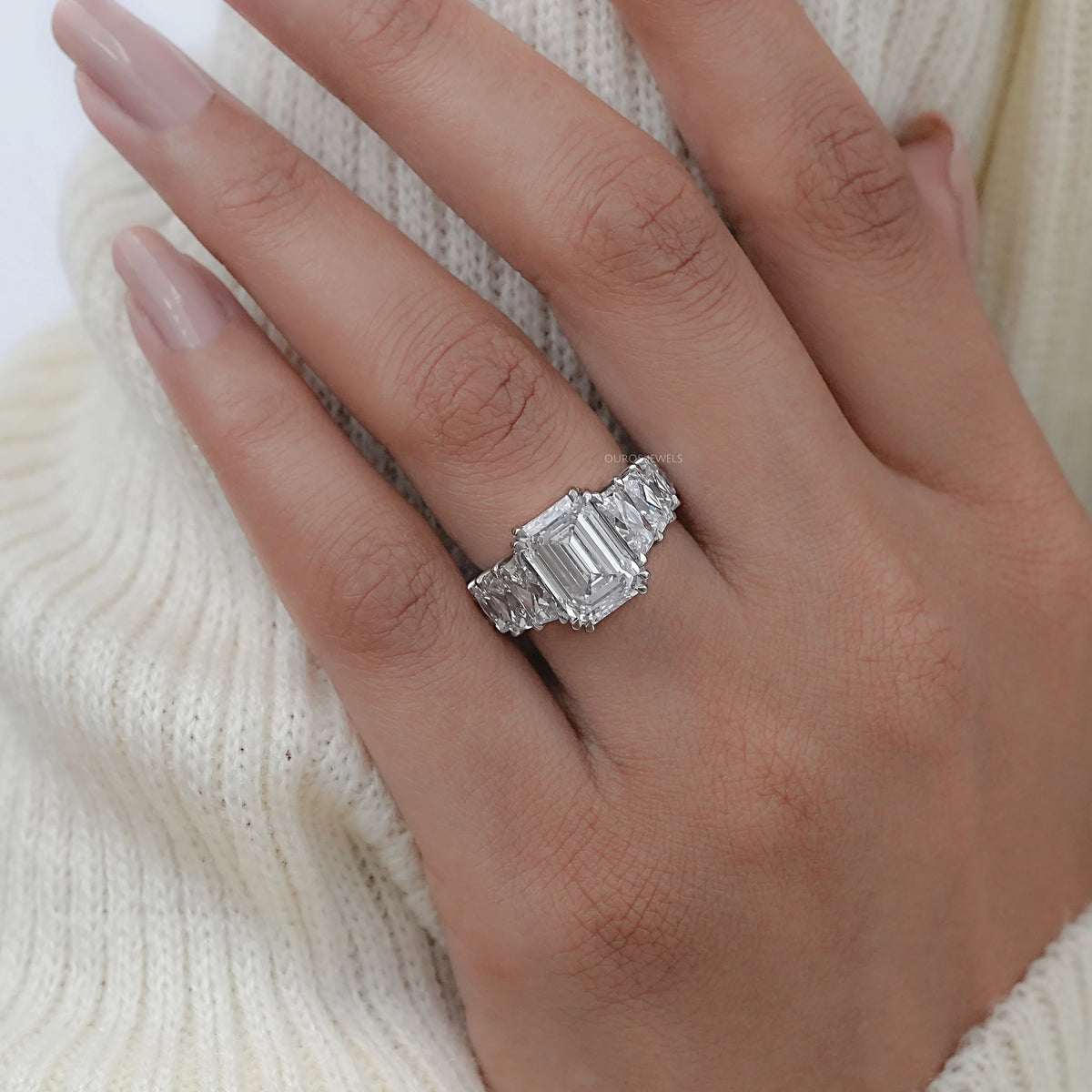 Emerald Diamond French Cut Trapezoid Accent Engagement Ring Rings
