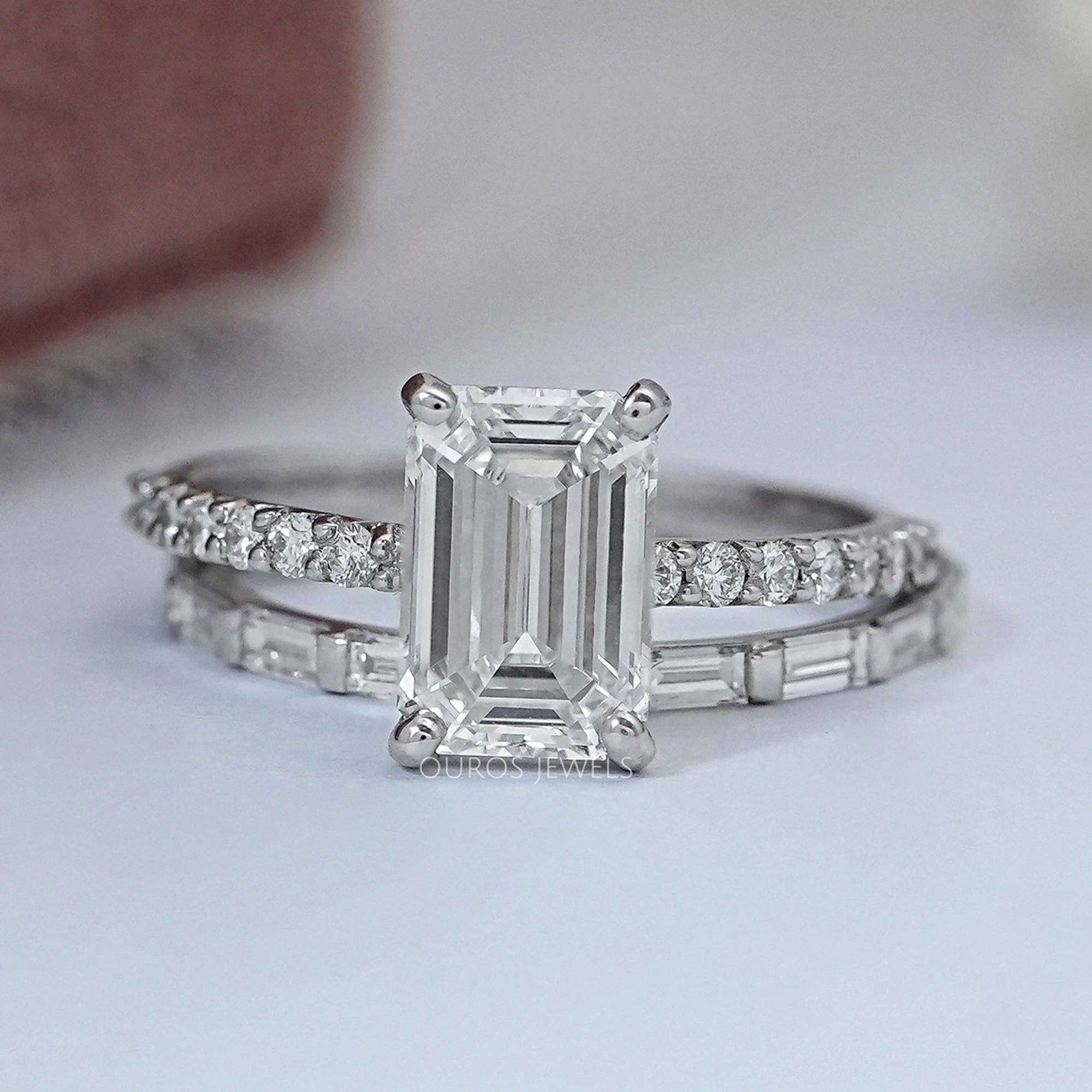 Emerald Lab Diamond Solitaire Accent Wedding Ring Set Rings