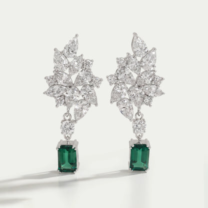 Diamond Cluster Drop Emerald Earrings