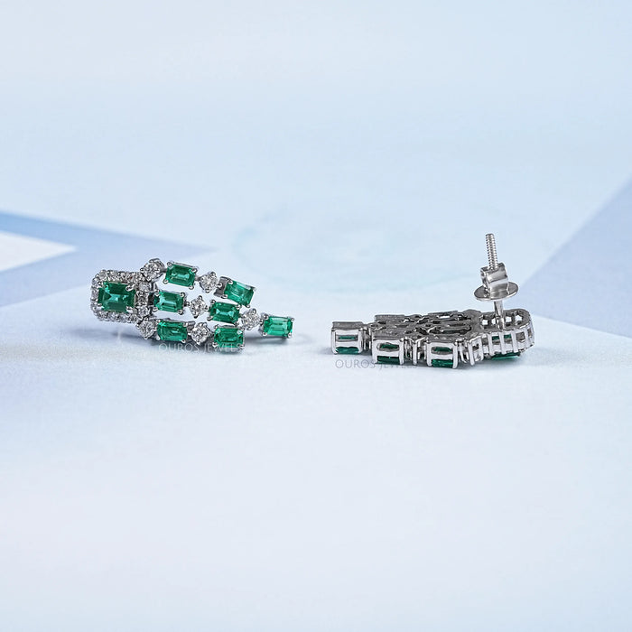 Green Emerald Halo Chandelier Dangle Earrings