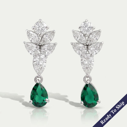Green Emerald And Pear Diamond Cluster Earrings