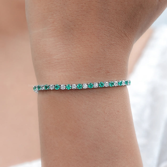 Green Round Gemstone And Lab Diamond Tennis Bracelet
