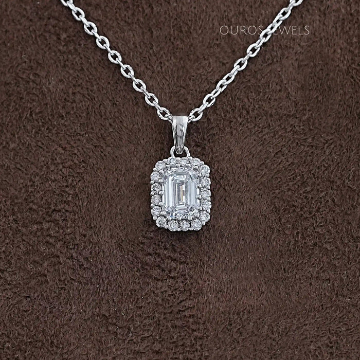 Emerald Cut Lab Grown Diamond Halo Pendant Necklaces