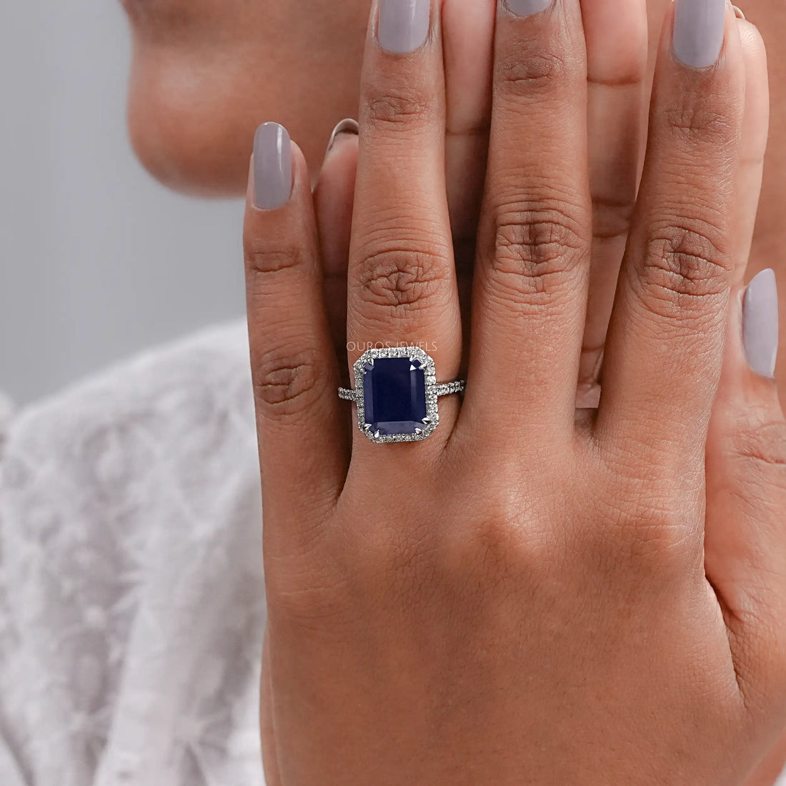 Emerald Shape Sapphire Halo Engagement Ring Ring