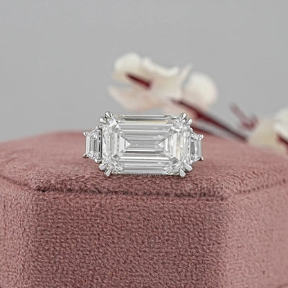 Emerald Three Stone Step Cut Trapezoid Engagement Ring Ring