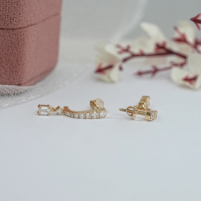 Emerald Drop and Round Cut Diamond Dangle Earring Earring