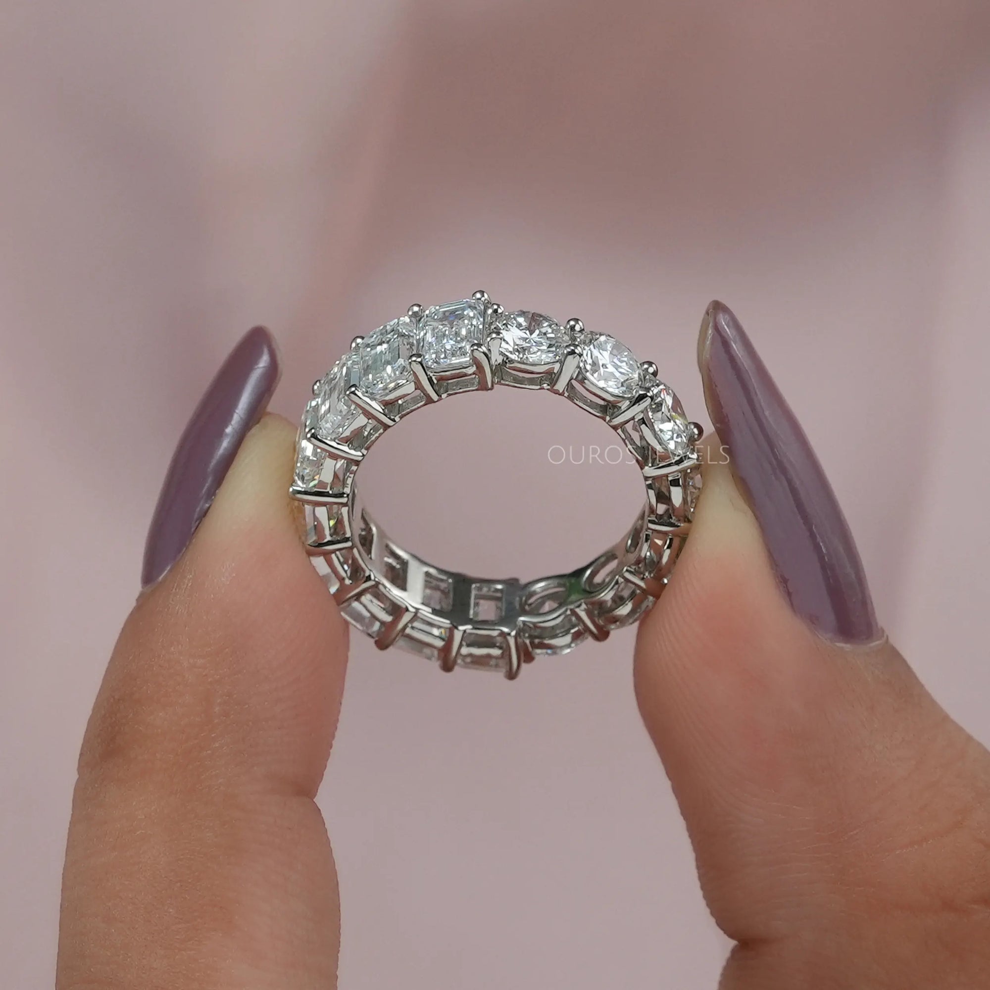 Emerald And Round Cut Diamond Eternity Wedding Band Ring