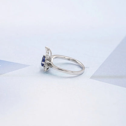 Pear Cut Blue Sapphire Cluster Bypass Engagement Ring Ring