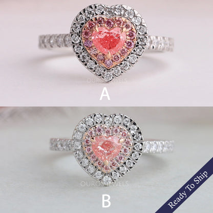 Pink Heart Diamond Double Halo Solitaire Accent Engagement Ring