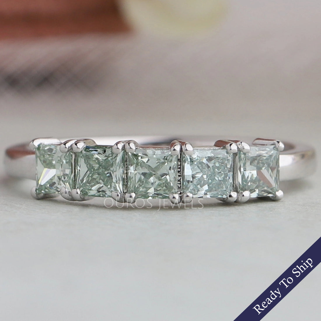 Green Princess Cut Five Stone Wedding Ring