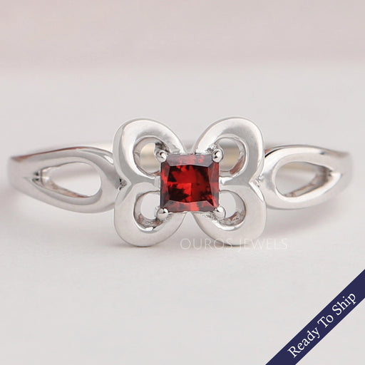 Red Princess Cut Butterfly Shape Dainty Ring