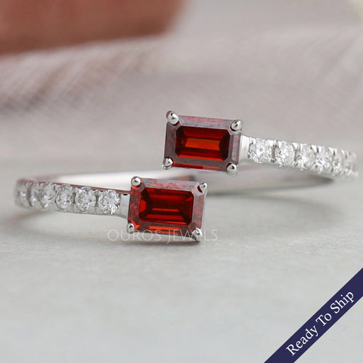 Red Emerald Cut Two Stone Solitaire Accent Ring