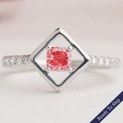 Pink Cushion Cut Solitaire Accent Diamond Ring