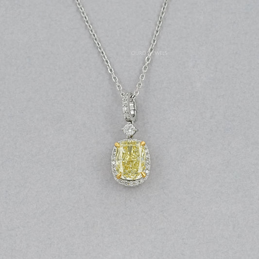 Fancy Intense Yellow Cushion Diamond Halo Pendant Necklaces