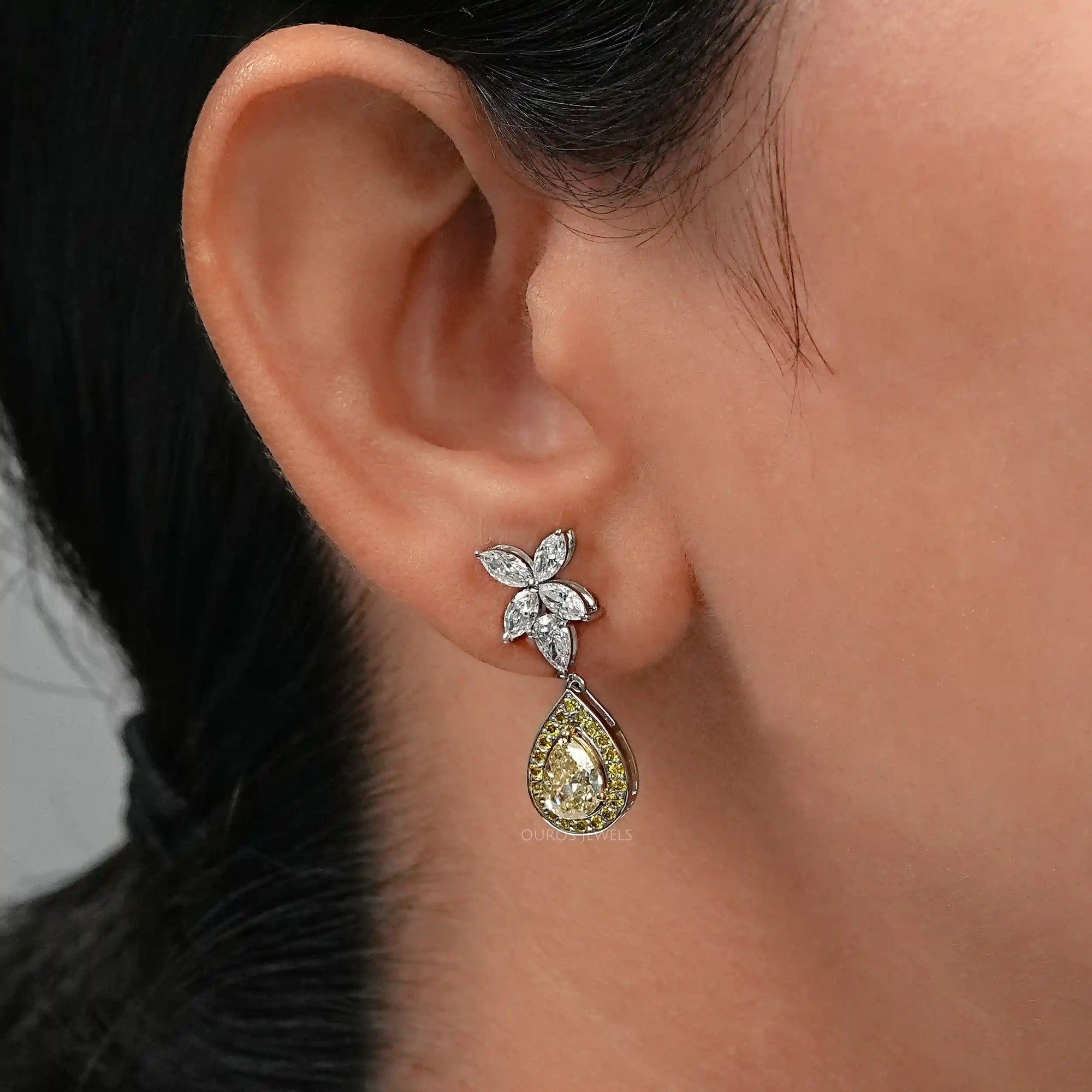 Yellow Pear Diamond Halo Drop Earrings Earrings