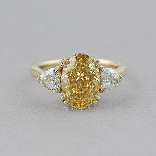 Fancy Vivid Yellow Oval Cut Hidden Halo Three Stone Ring Ring