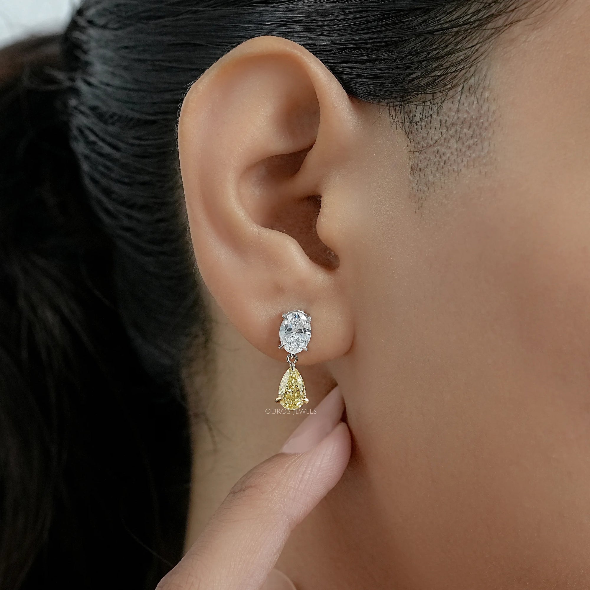 Fancy Yellow Pear And Oval Diamond Drop Earrings
