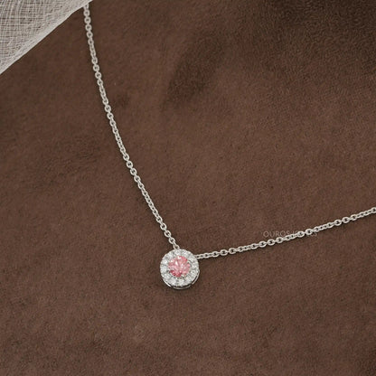 Pink Round Cut Diamond Halo Pendant Necklaces