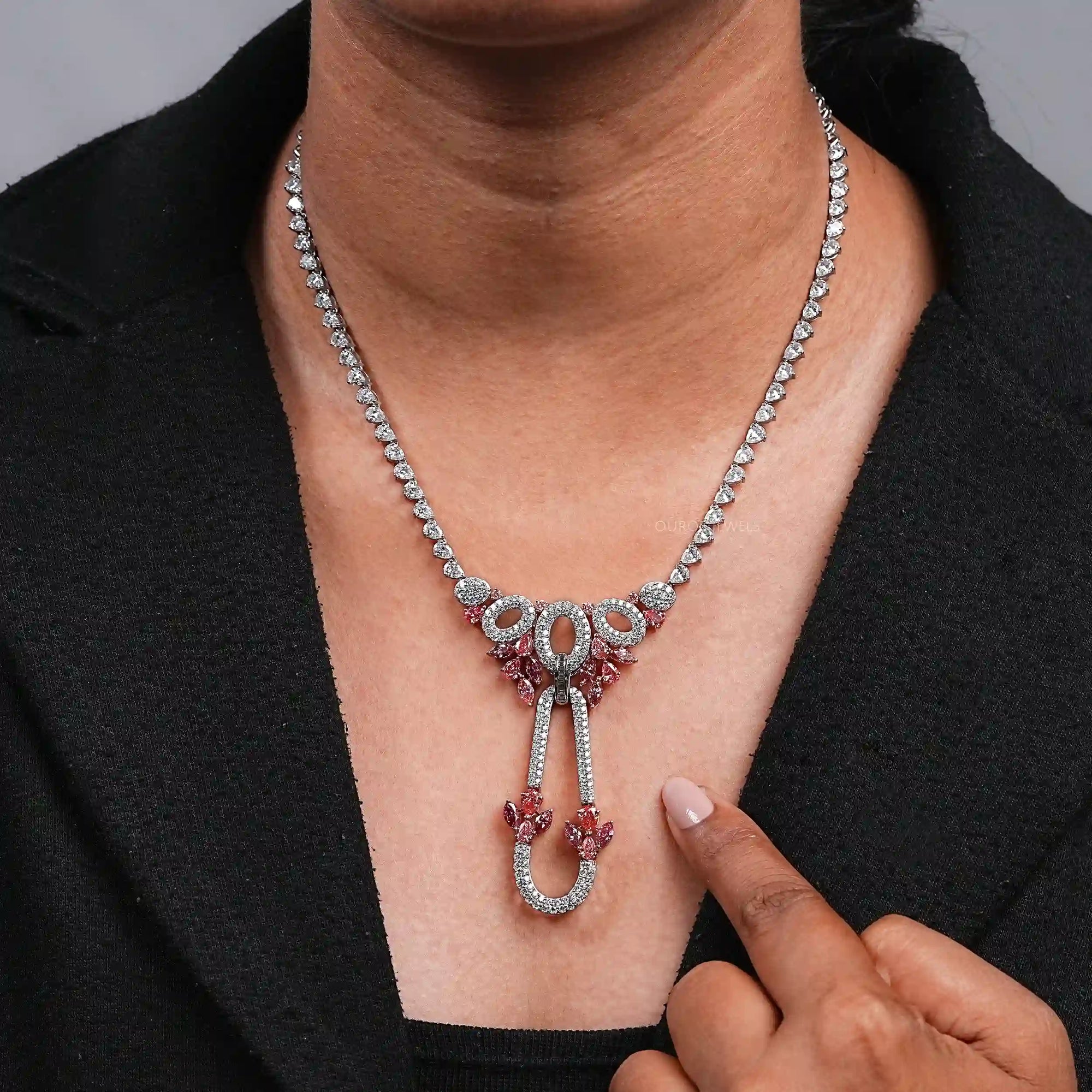 Pear And Round Shape Cluster Diamond Bridal Necklace Necklaces
