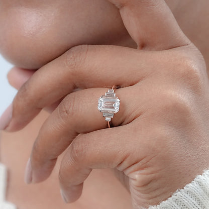 Emerald Half Bezel Set Baguette Diamond Engagement Ring Rings