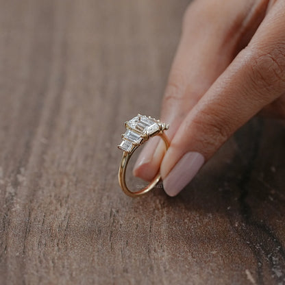 Five Stone Emerald And Baguette Diamond Engagement Ring Rings