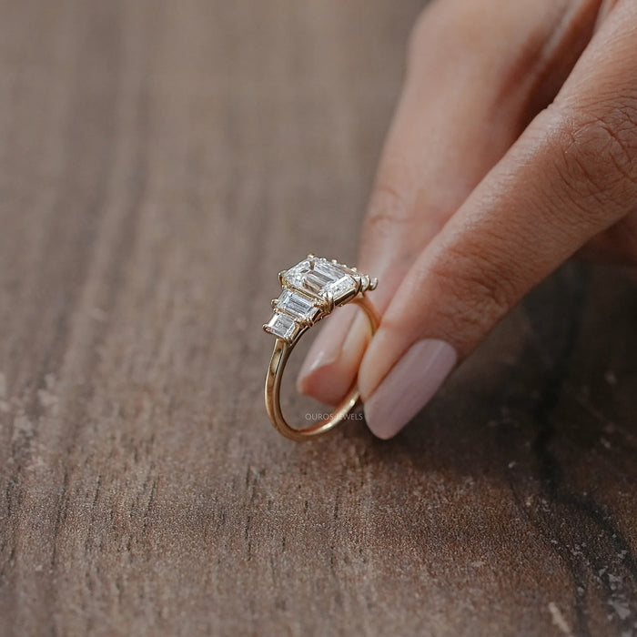 Five Stone Emerald And Baguette Diamond Engagement Ring Rings