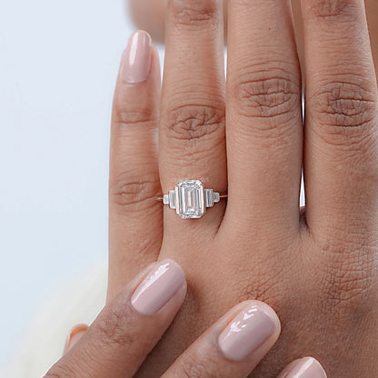 Emerald Half Bezel Set Baguette Diamond Engagement Ring Rings