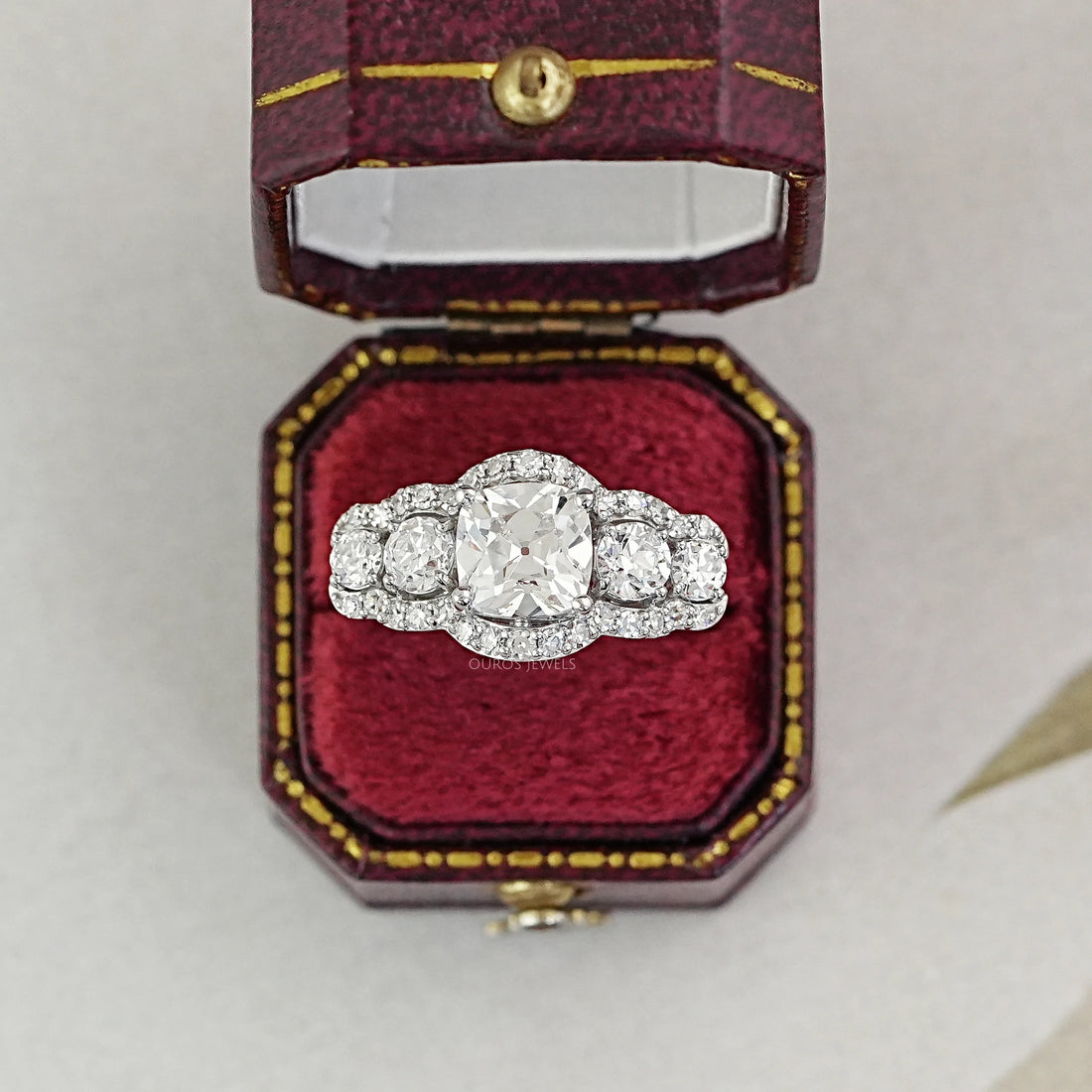 Square Old Mine Cushion Cut Five Stone Halo Engagement Ring Rings