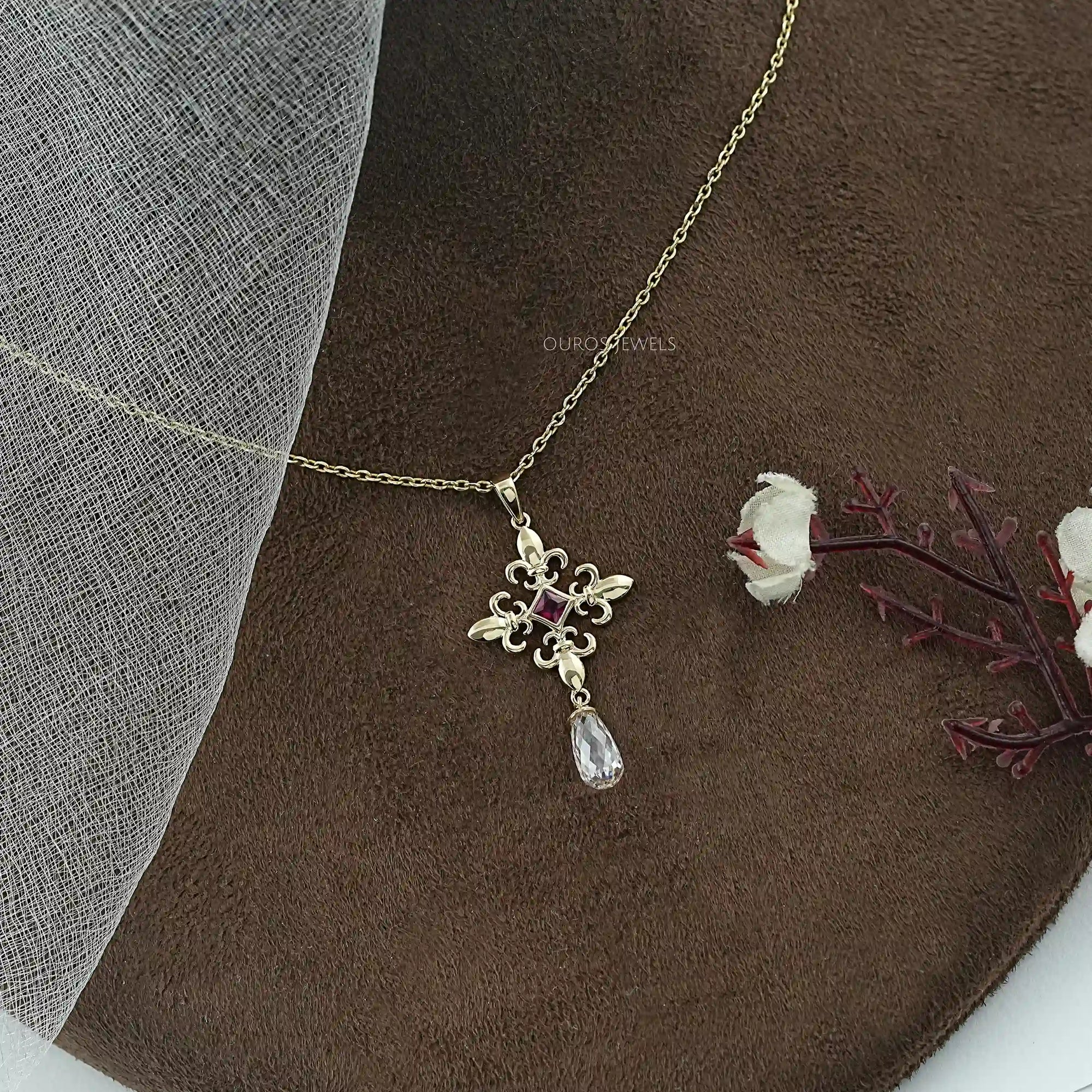 Princess Ruby Gemstone Fleur De Lis Pendant Necklaces