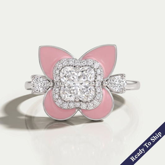 Antiker Verlobungsring mit rosa Emaille und Blumenmuster