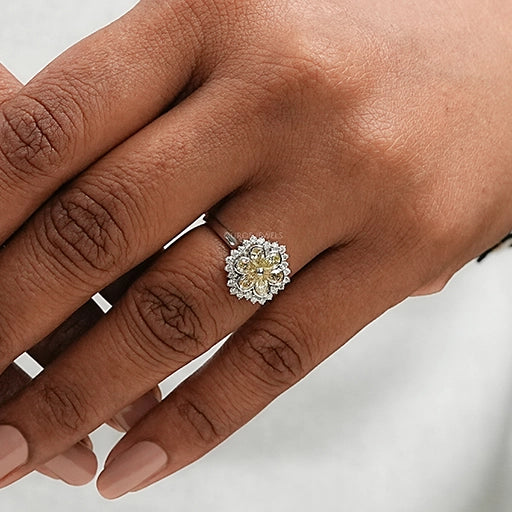 Yellow Pear Cut Floral Halo Diamond Ring Ring