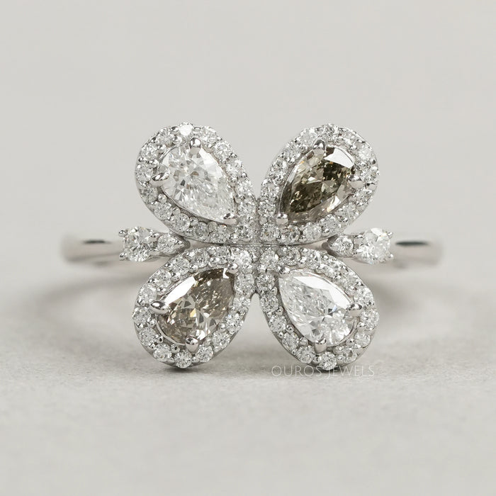 Unique Floral Shape Olive Pear Cut Halo Lab Diamond Ring