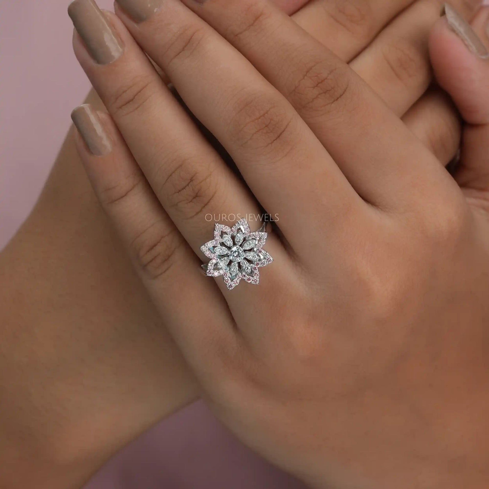 Round Cut Lab Grown Floral Style Engagement Ring