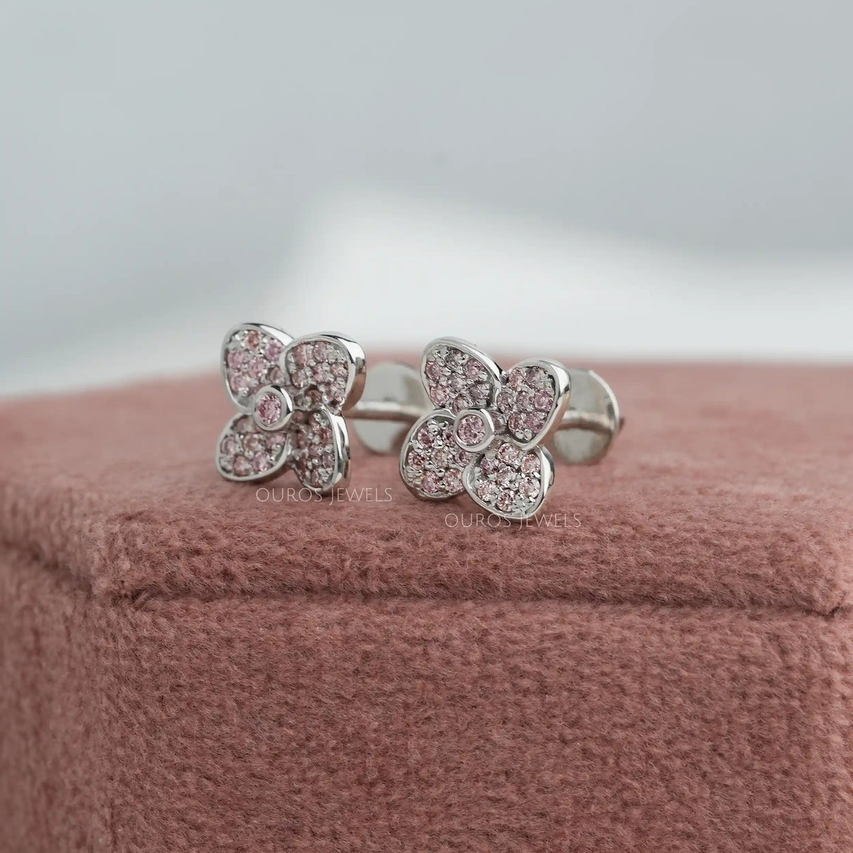 Flower Shape Pink Round Cut Lab Diamond Stud Earrings