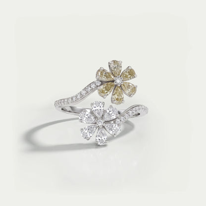 Flower Shape Yellow Pear Cut Lab Diamond Twin Bypass Ring