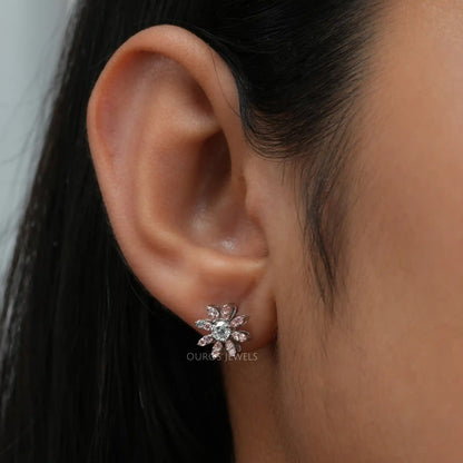 Pink Round Flower Shape Lab Diamond Stud Earrings