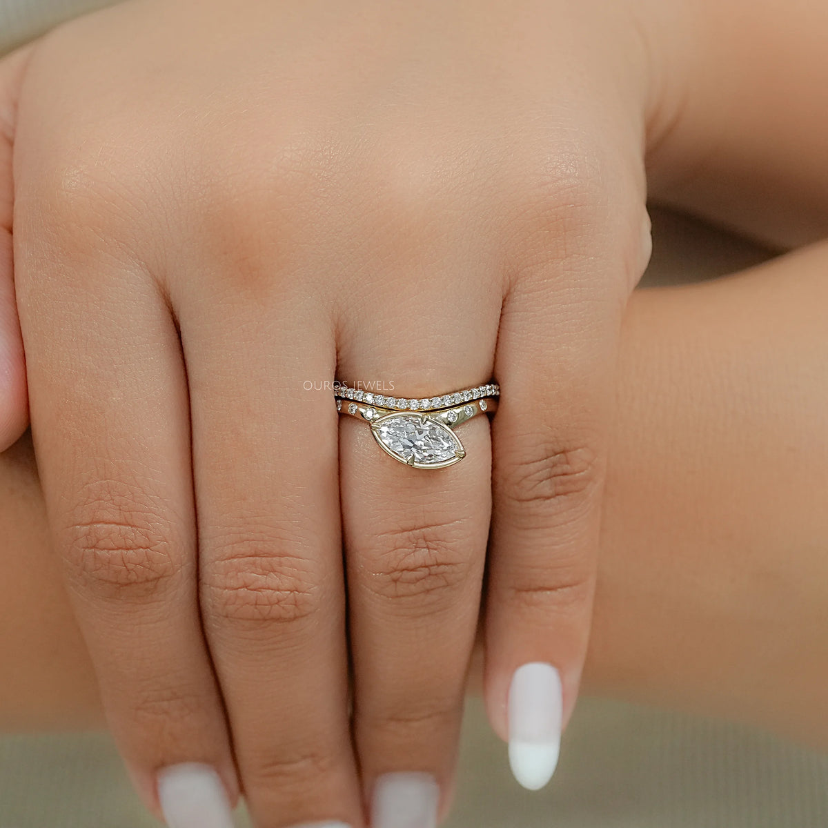 East West Old Mine Marquise Cut Curved Bridal Ring Set