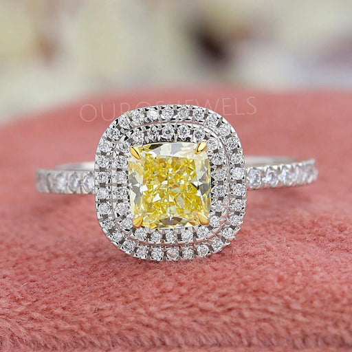 Yellow Cushion Cut Double Halo Solitaire Engagement Ring