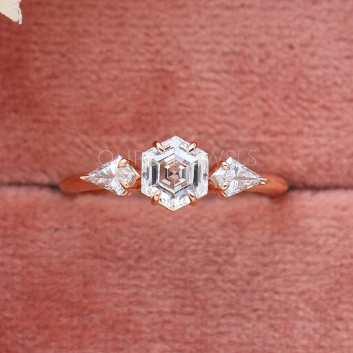 Three Stone Hexagon Cut Diamond Engagement Ring